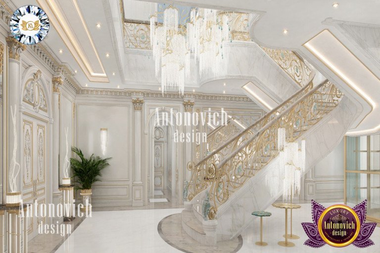 Luxurious double staircase with chandelier in Antonovich-designed home
