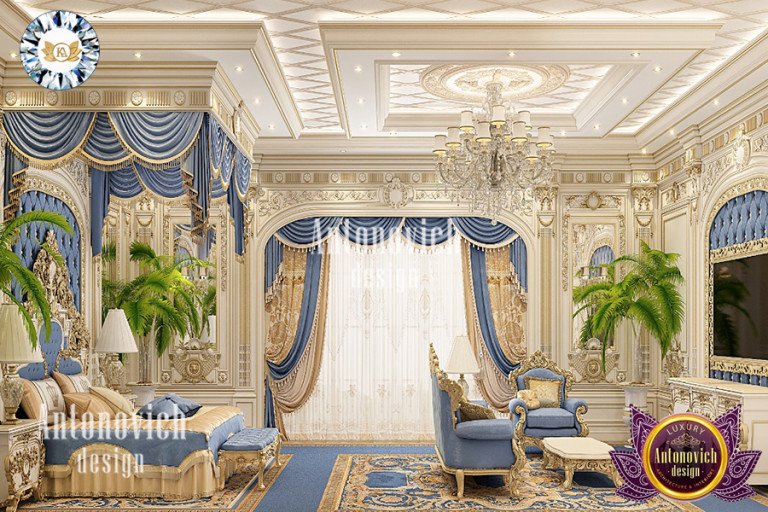 Exquisite royal bedroom with lavish drapery and gold accents