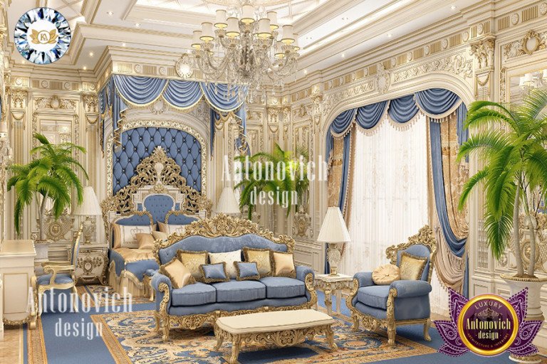 Opulent royal-style bed with plush bedding and regal headboard