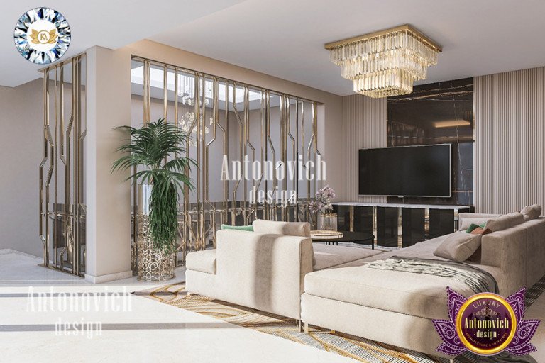 Elegant living room with modern furniture and lighting by Luxury Antonovich Design