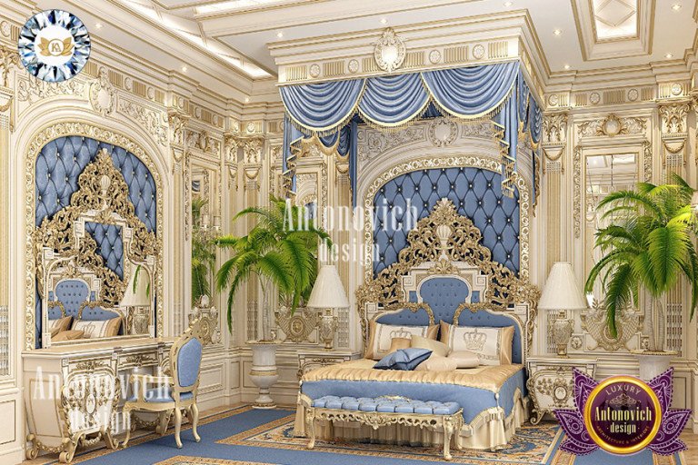 Elegant royal bedroom with luxurious chandelier and intricate ceiling design