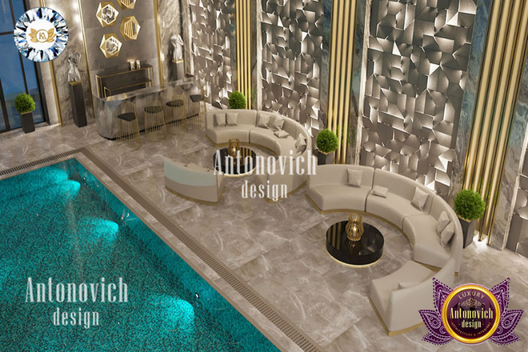 Elegant indoor pool with a stunning chandelier