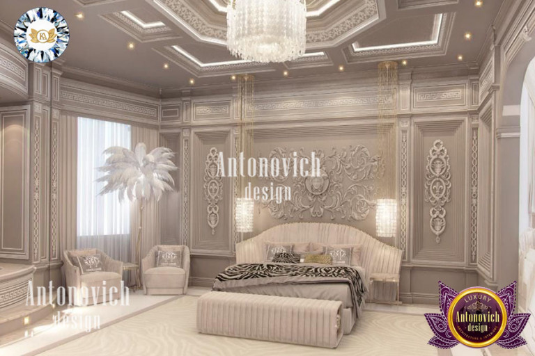 Elegant bedroom interior featuring plush furnishings and intricate details by Antonovich Design
