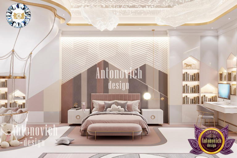 Luxurious girls' bedroom with elegant chandelier and plush furnishings