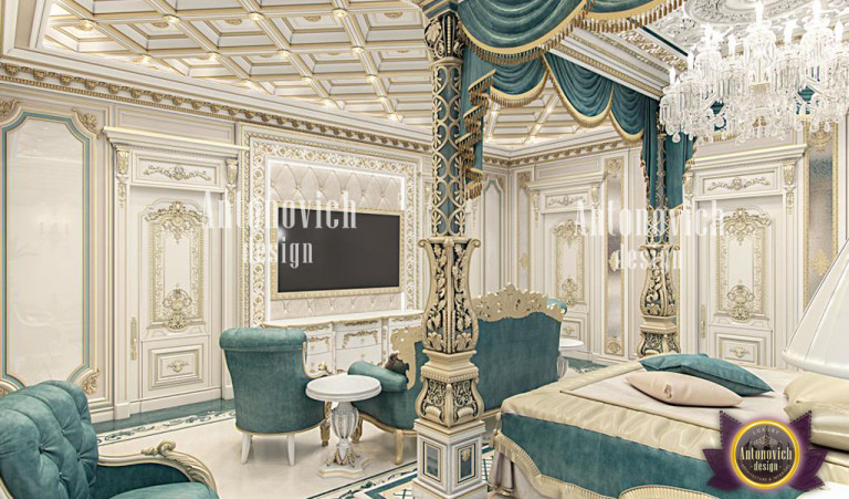 Elegant master bedroom with luxurious bedding and stylish decor
