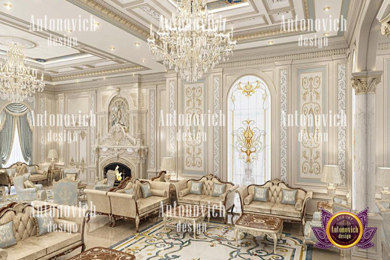 Lavish Saudi Arabian palace living room with gold accents