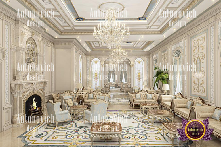 Elegant palace dining room featuring intricate chandeliers