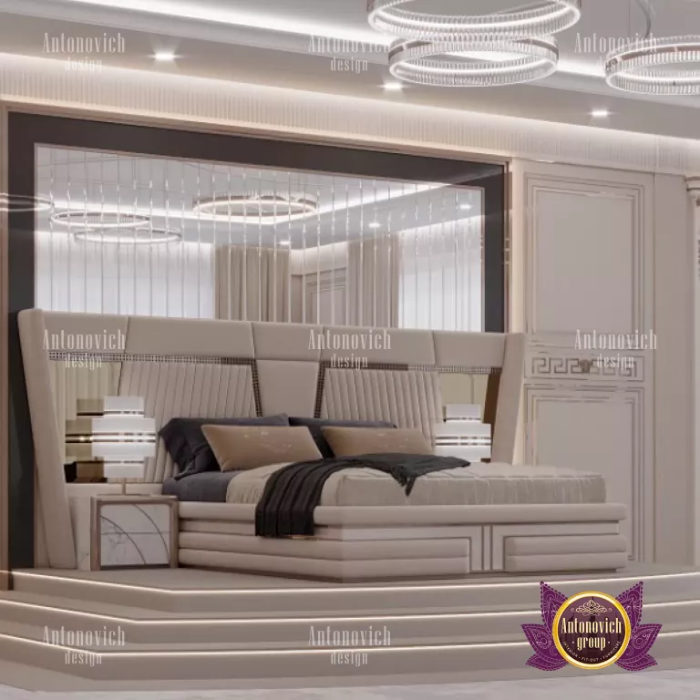 Elegant master bedroom with plush bedding and stylish decor