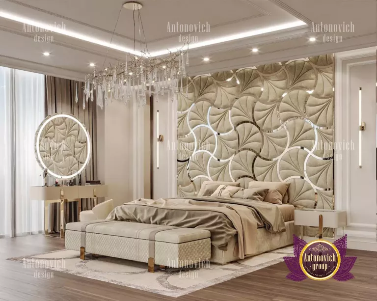 Sophisticated bedroom design featuring a stunning chandelier in Dubai