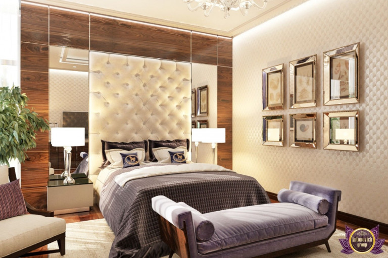 Elegant Dubai-inspired bedroom featuring a stunning chandelier and rich textures