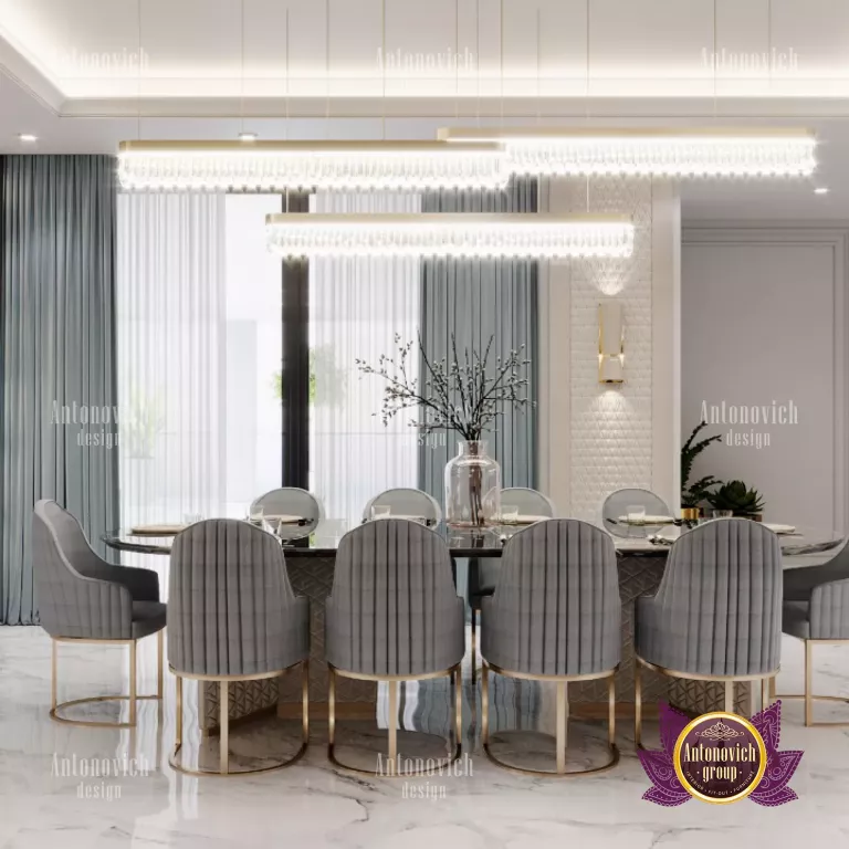 Elegant dining table with luxurious chairs and chandelier
