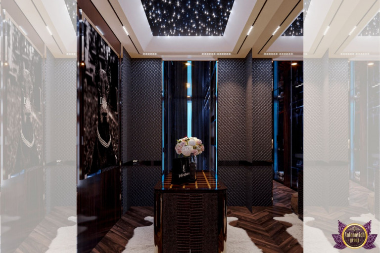 Luxurious dressing room featuring a glamorous chandelier and plush seating