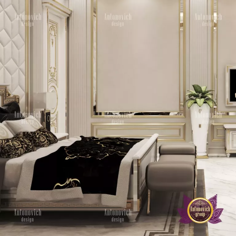 Stylish Dubai bedroom featuring a statement chandelier