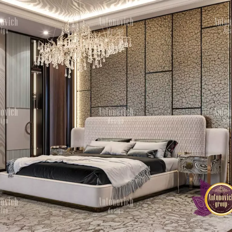 Sophisticated bedroom design featuring opulent lighting and decor