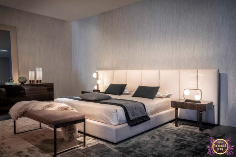 Sophisticated bedroom featuring a statement headboard and contemporary lighting