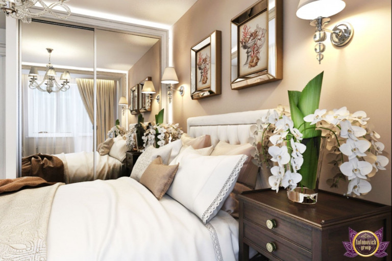Chic and sophisticated bedroom featuring a statement chandelier and plush furnishings