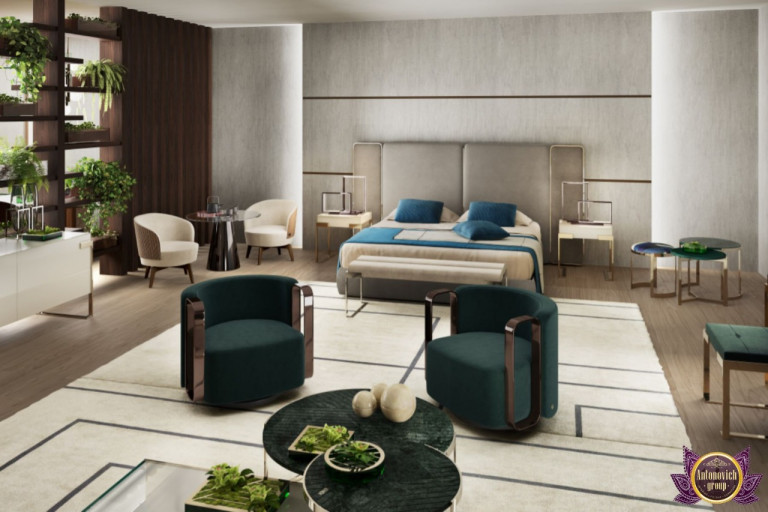 Chic luxury bedroom with sleek furniture and tasteful artwork