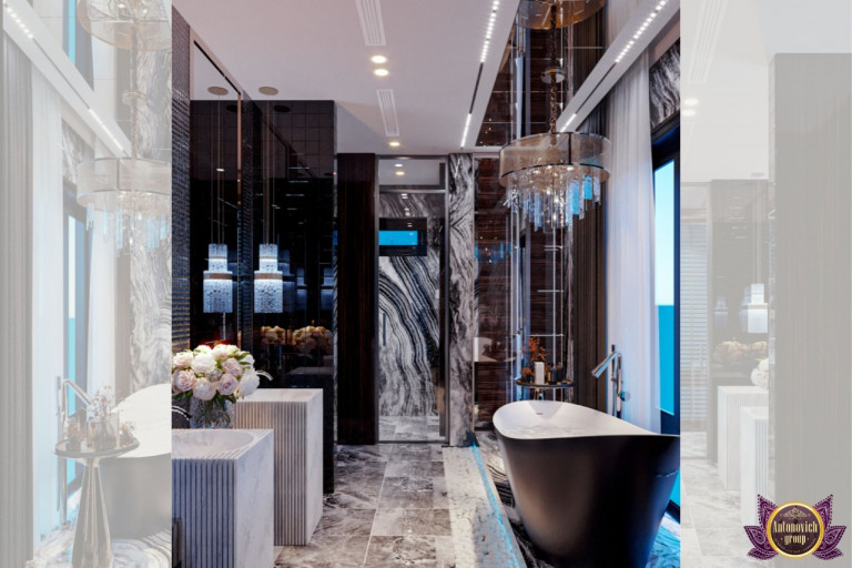 Spacious Dubai bathroom featuring a freestanding bathtub and stunning city view