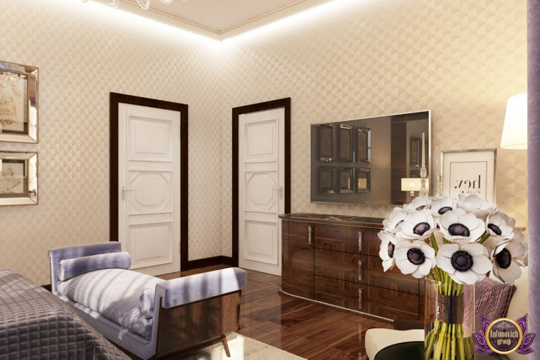 Opulent Dubai-style bedroom with plush bedding and intricate details