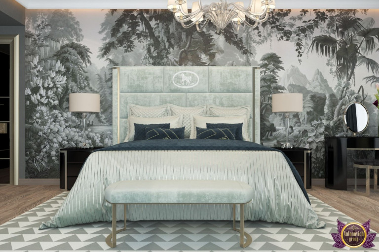 Chic bedroom featuring a statement chandelier and lavish furnishings