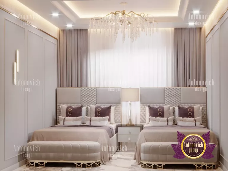 Elegant Dubai bedroom featuring a plush velvet headboard