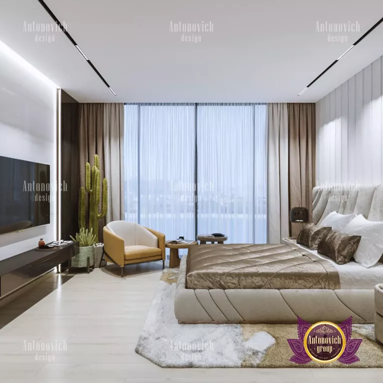 Elegant contemporary luxury villa bedroom with plush bedding and stylish decor