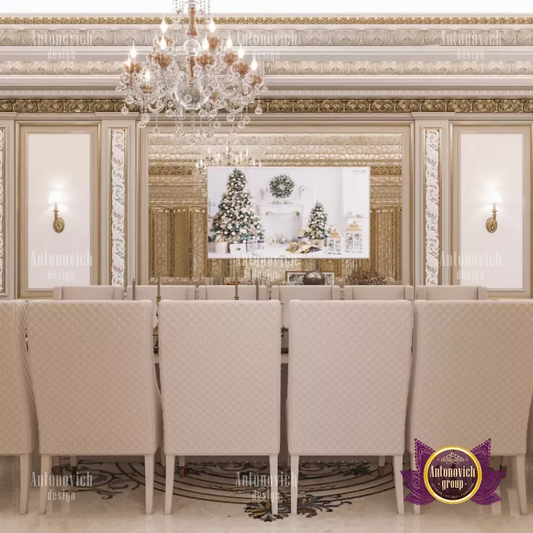 Elegant dining room with opulent chandelier in Dubai