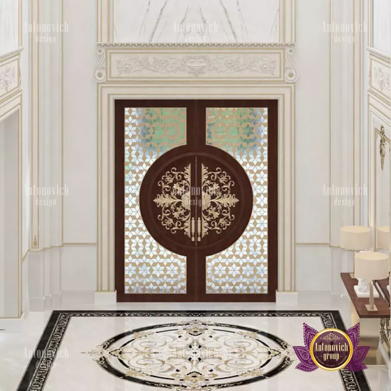 Elegant hallway design featuring marble flooring and statement chandelier
