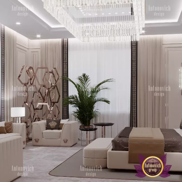 Elegant bedroom featuring a statement chandelier
