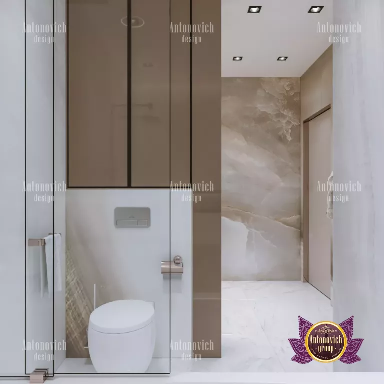 Sleek modern bathroom design with a Dubai skyline view