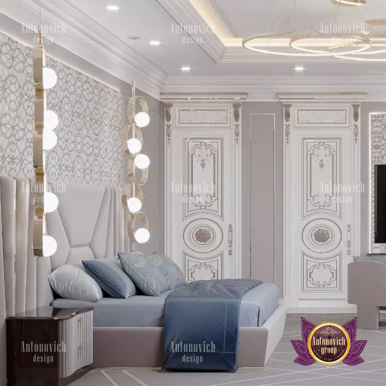 Elegant bedroom featuring a stunning chandelier and plush bedding