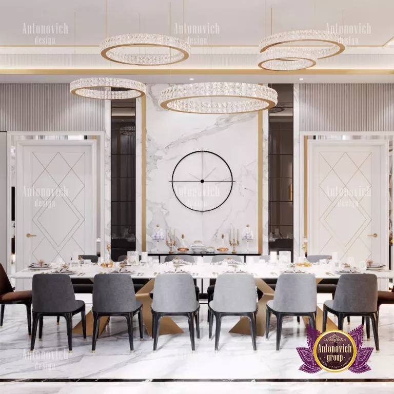 Modern dining room featuring opulent decor and lavish lighting