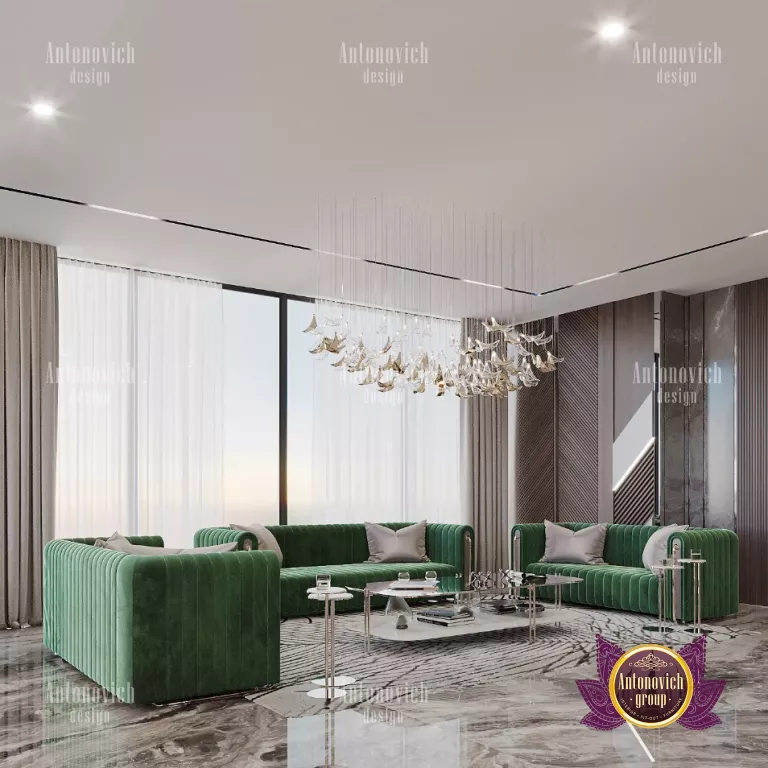 Elegant penthouse living room with floor-to-ceiling windows in Dubai