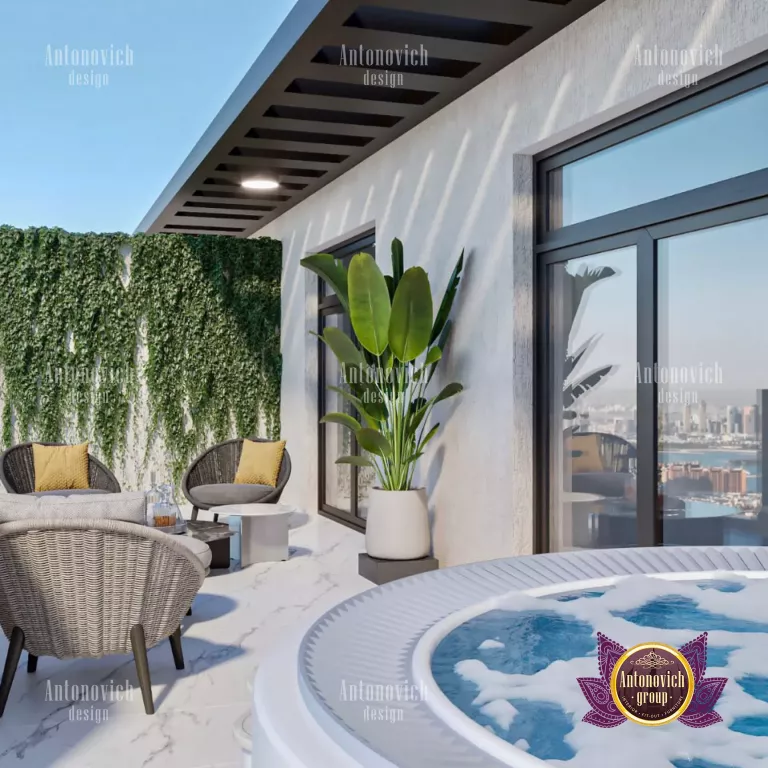 Elegant outdoor furniture on a lavish villa balcony