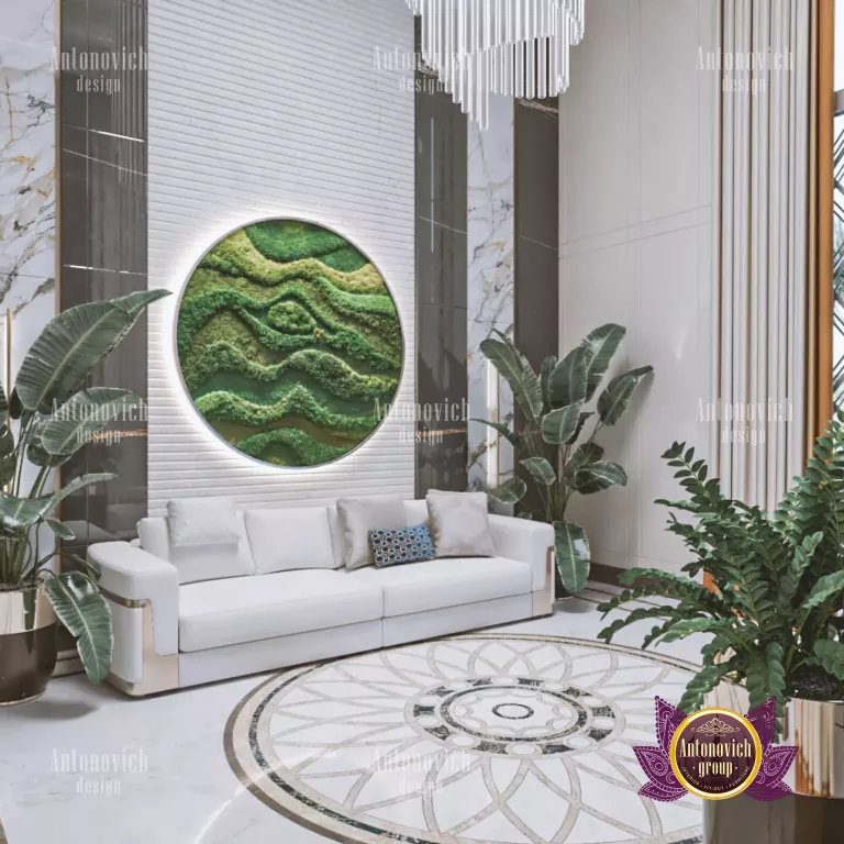 Elegant Dubai living room featuring a statement chandelier