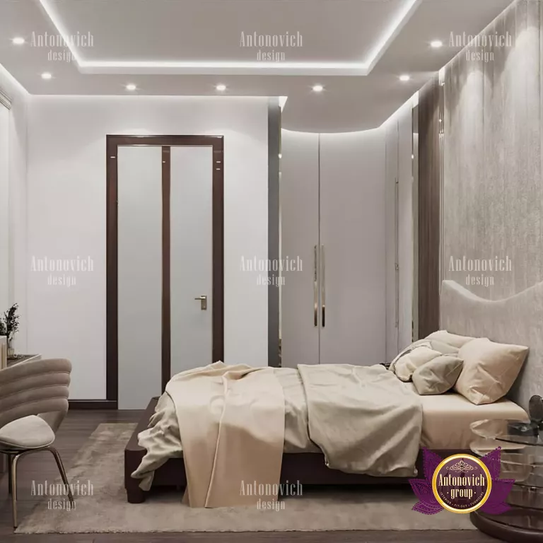 Stylish modern bedroom with warm lighting and plush bedding