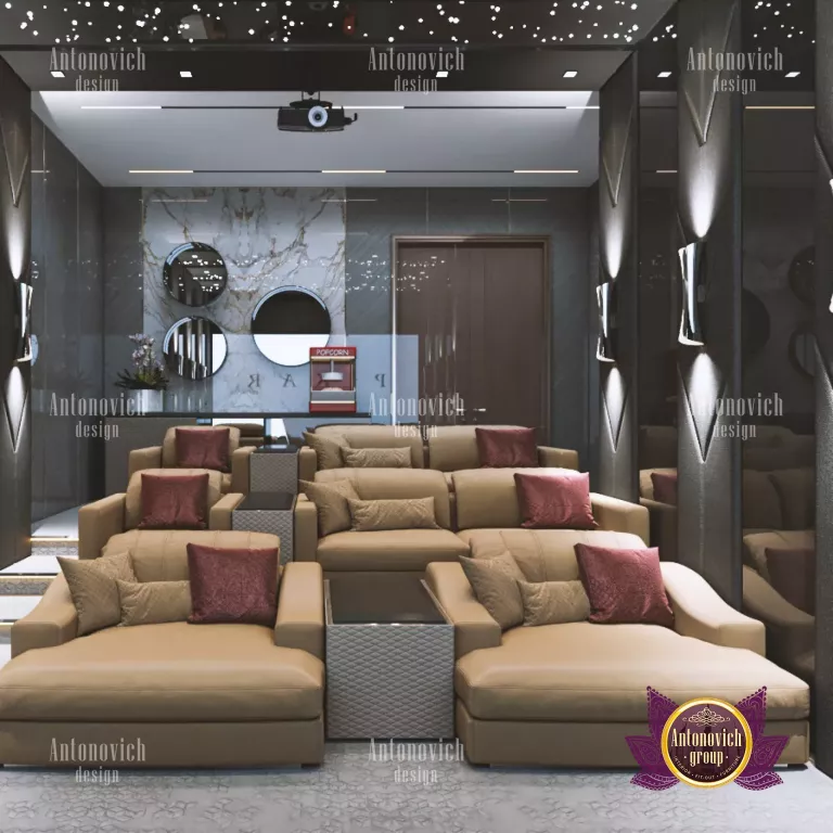 Stylish home theater featuring a large screen and cozy recliners