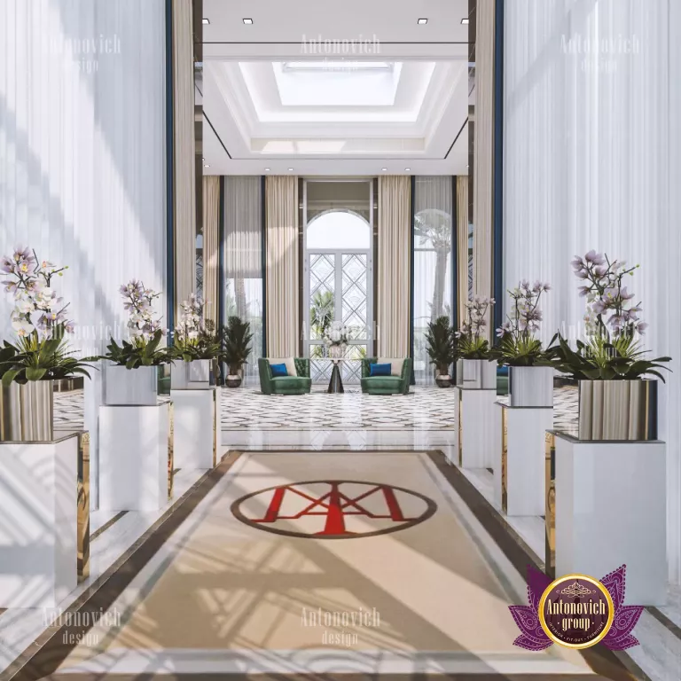 Elegant hallway with marble flooring and statement chandelier