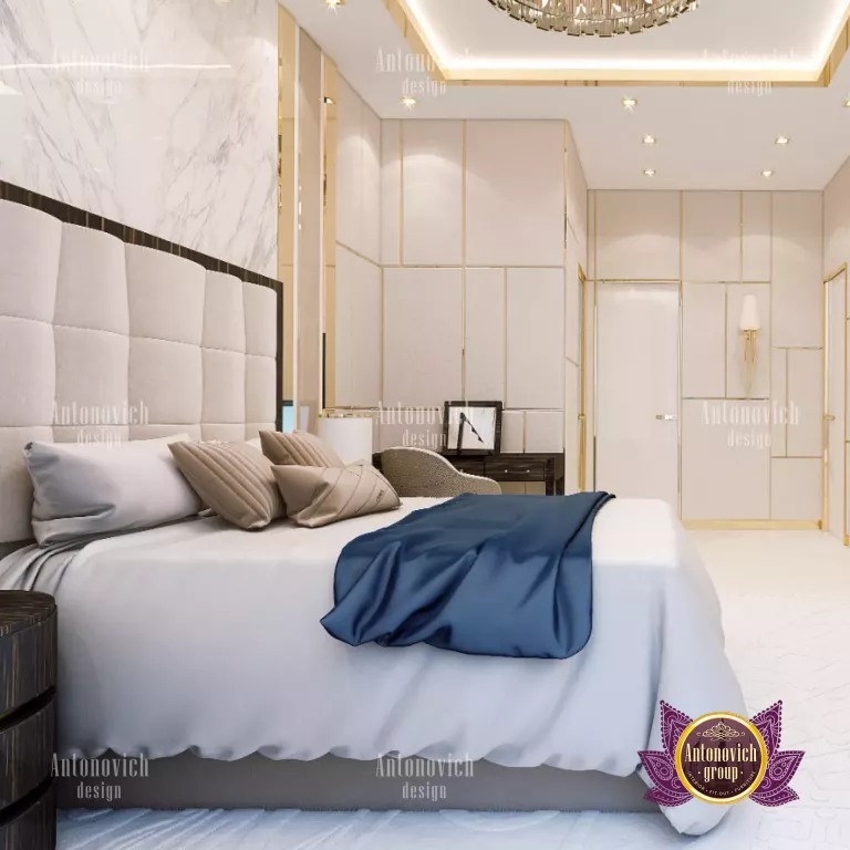 Exquisite high-end bed with plush bedding and stylish design
