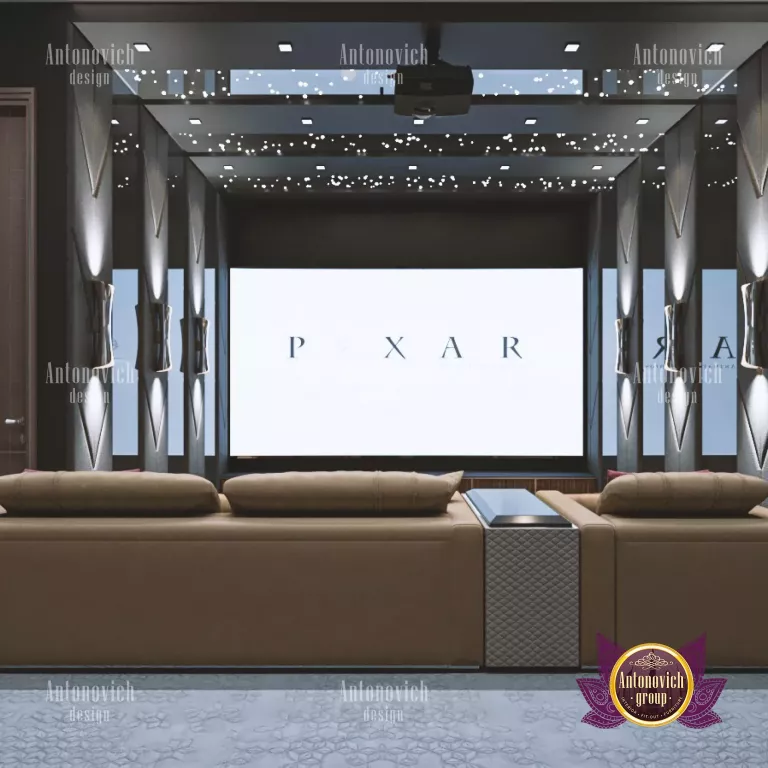 Elegant home cinema with plush seating and ambient lighting