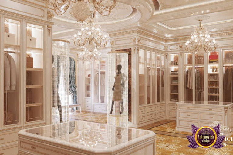 Luxurious walk-in closet with chandelier