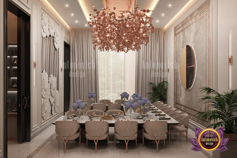 Exquisite dining room with designer lighting in Al Khawaneej villa