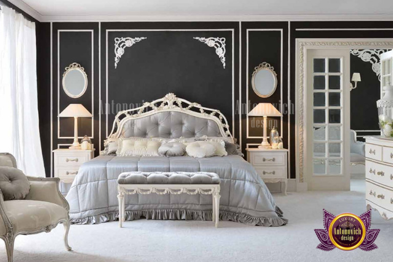 Elegant wooden bed frame with plush bedding