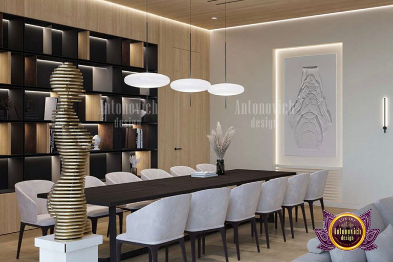 Minimalist dining area with statement lighting