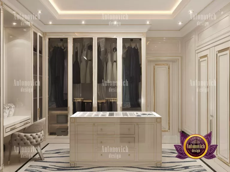 Luxurious walk-in closet with custom lighting and seating