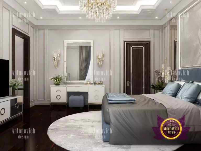 Elegant luxury bedroom with plush bedding and stylish decor