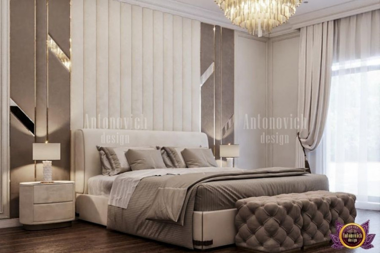 Elegant bedroom with plush bedding and sophisticated decor