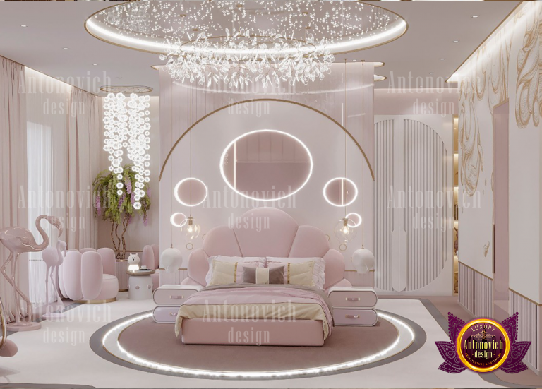 Elegant pink bedroom with luxurious chandelier