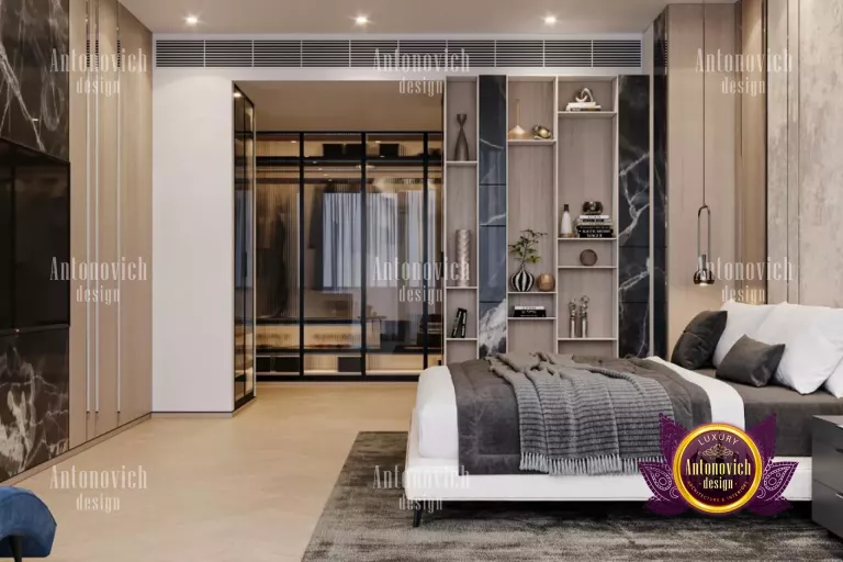 Luxury male bedroom with a plush bed, statement artwork, and modern decor