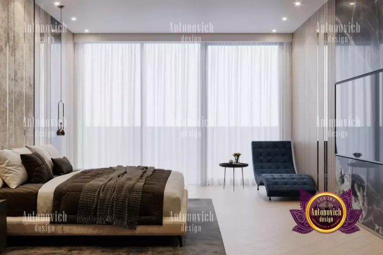 Elegant masculine bedroom with dark color palette and stylish lighting